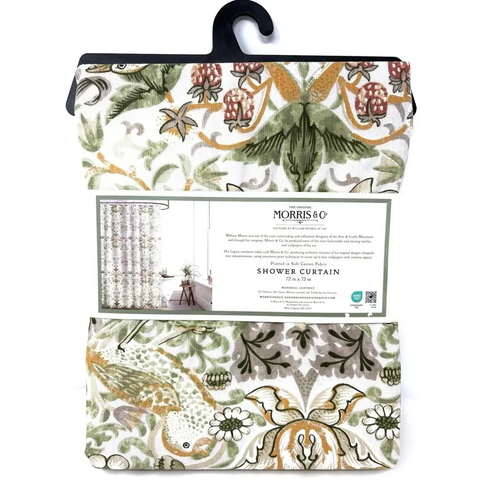 William Morris & Co Bird Strawberry Thief Shower Curtain Green Golden Yellow